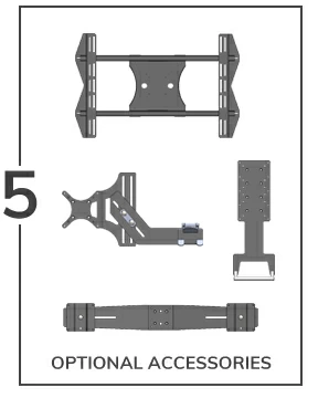 Various accessories designed to complete the mounting solution including VESA brackets for large monitors, barcode scanner holders, dual monitor brackets, and monitor handles.