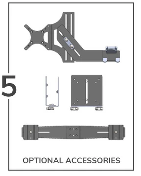 Various accessories designed to complete the mounting solution including barcode scanner holders, CPU and thin client holders, and dual monitor brackets.