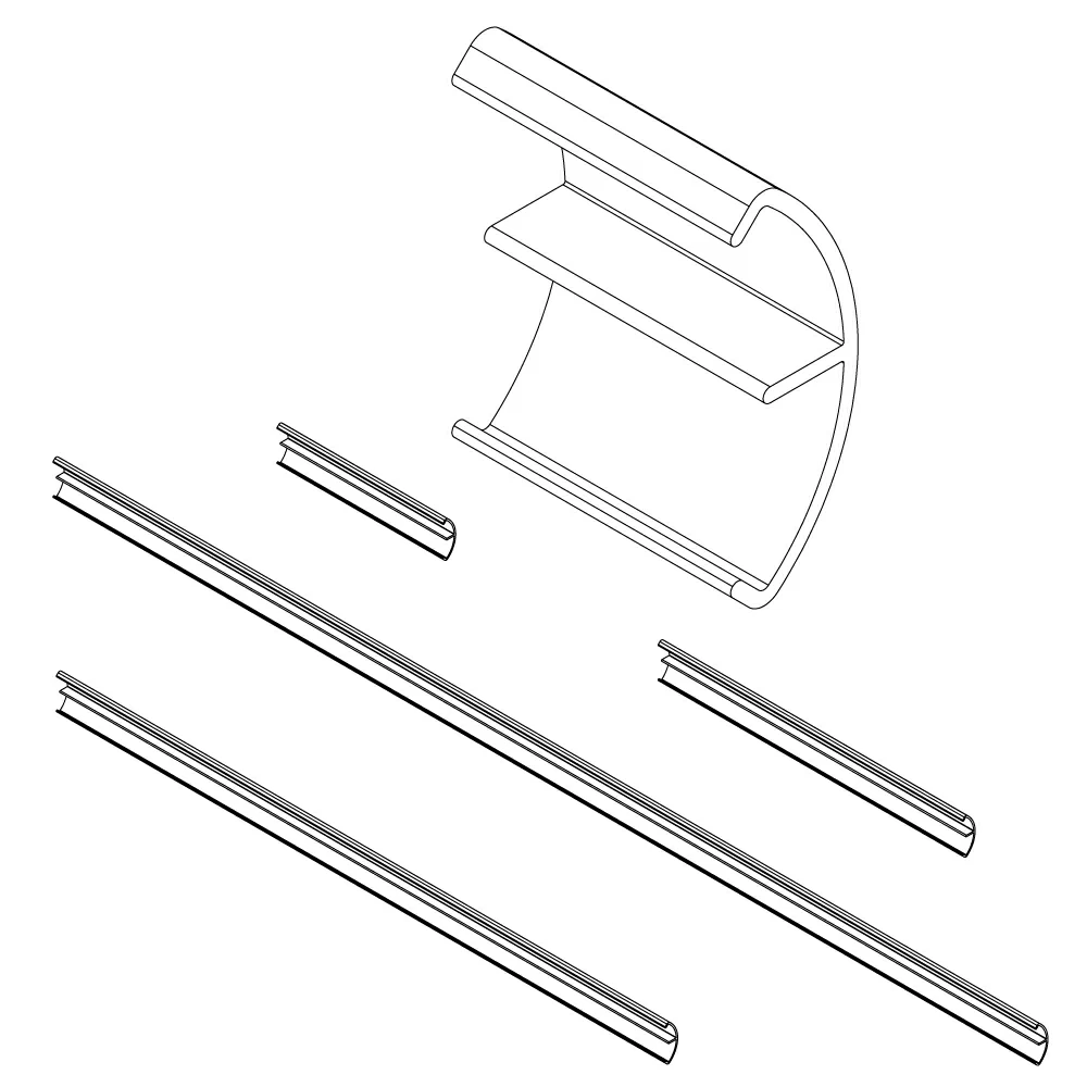 Line drawing of snap on 2 inch wire management clip and the standard cover lengths of 12, 20, 44 and 71 inches