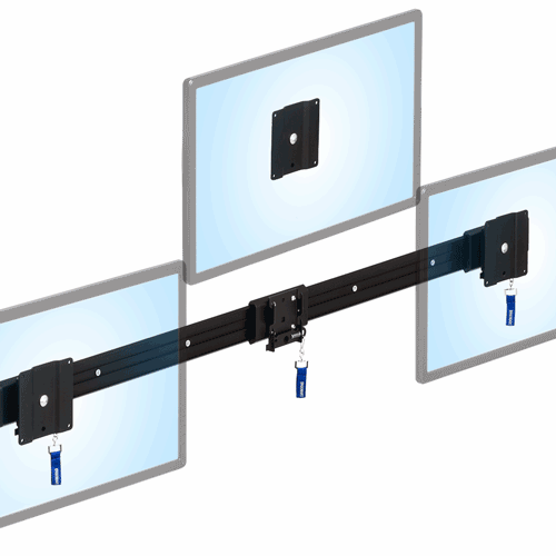 Animation showing how a monitor mounted on the ViewTrack using a Monolok slider readily can be installed and removed independently of all other equipment on the same track.