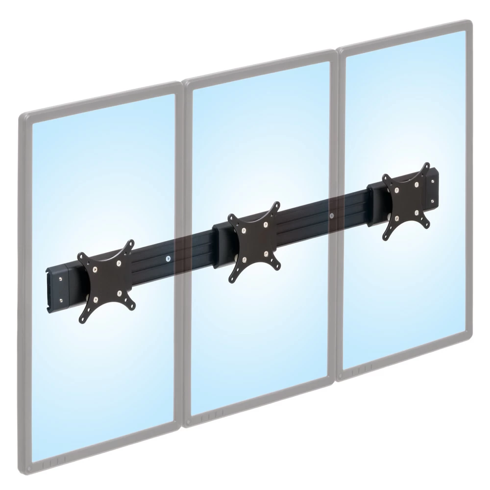 Three monitors mounted in portrait orientation in a low-profile side-by-side arrangement using the ViewTrack low profile VESA positioners.