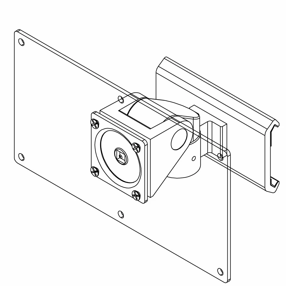 Line drawing showing ViewTrack articulating monitor positioner with VESA bracket supporting 100x200 mm VESA patterns.