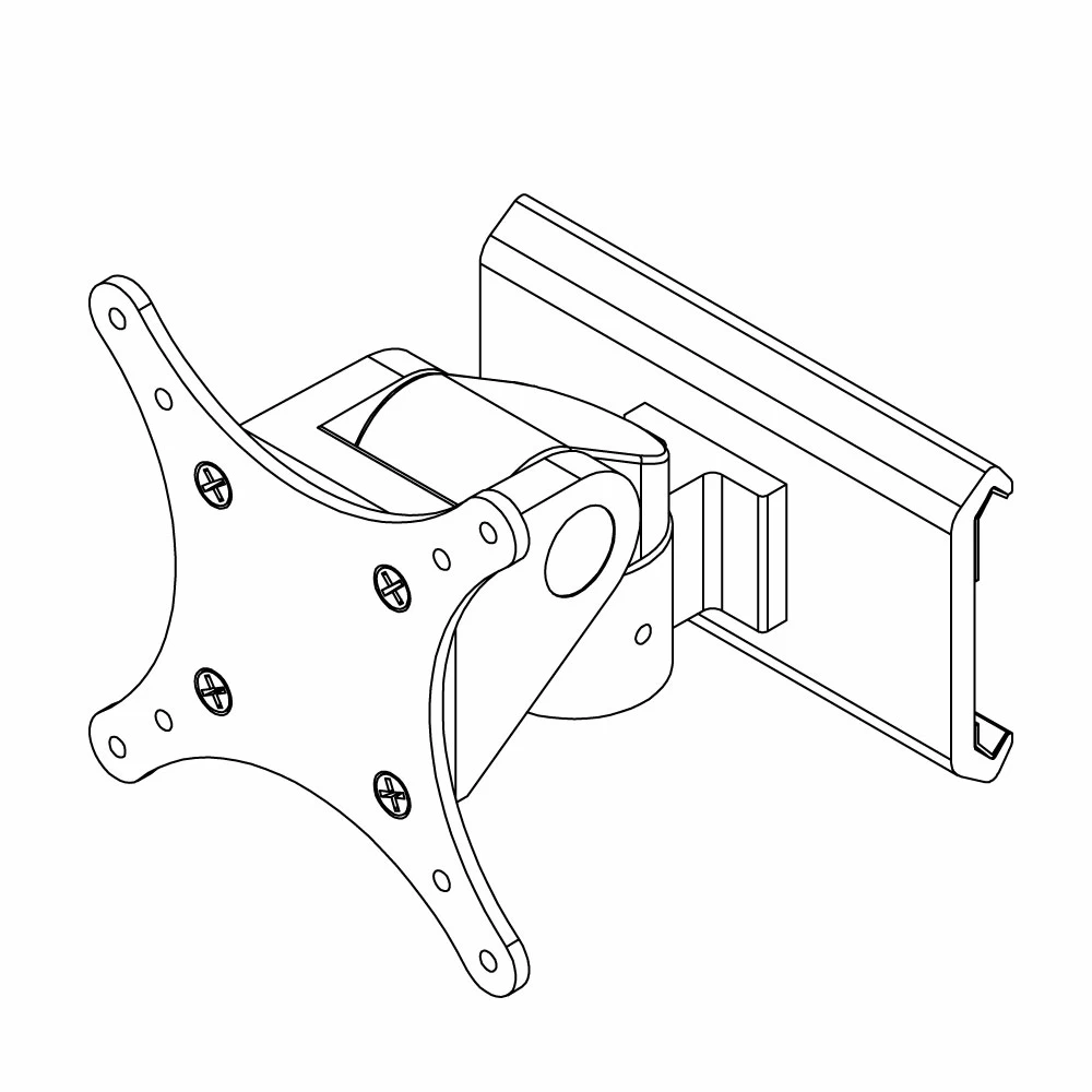 Line drawing showing ViewTrack articulating monitor positioner with VESA bracket supporting 75x75 and 100x100 mm VESA patterns.