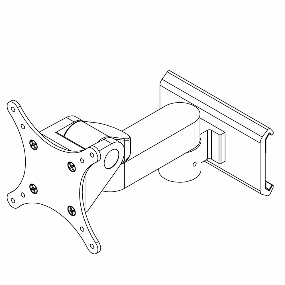 Line drawing showing ViewTrack articulating monitor positioner and extension with VESA bracket supporting 75x75 and 100x100 mm VESA patterns.