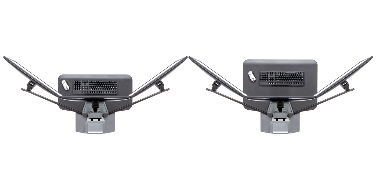 Winston-E triple monitor workstation standard and compact base comparison top view