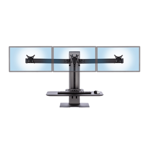Winston-E Triple monitor workstation demonstrating monitor rotation adjustment front view