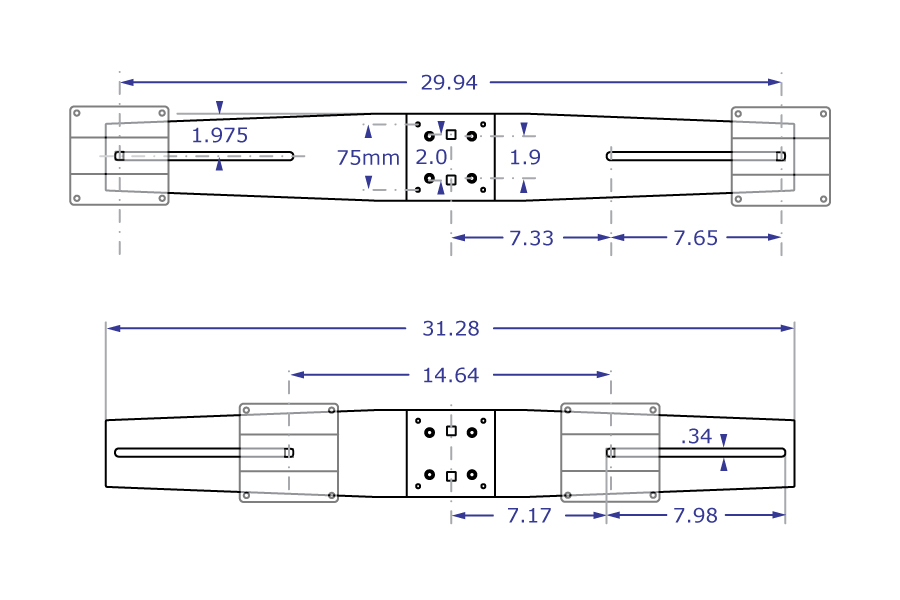 ADJ1430 dual monitor bracket specification drawing front view with measurements