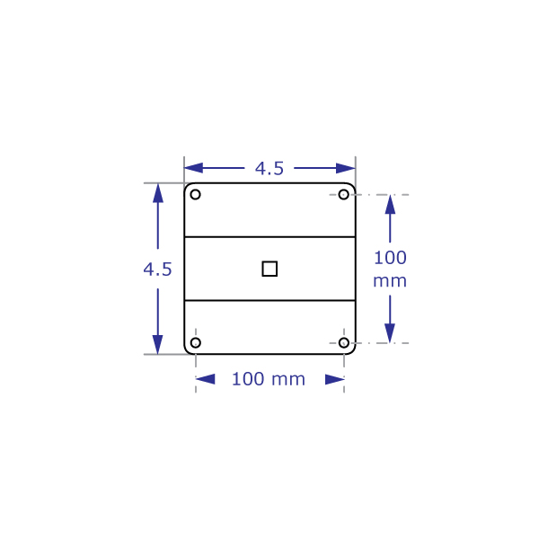 Specification drawing with measurements for 100 x 100mm VESA plate for ADJ1430 dual monitor bracket