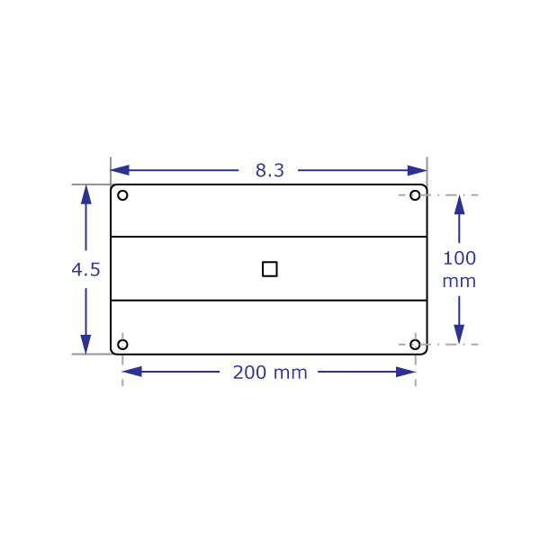 Specification drawing with measurements for 100 x 200mm VESA plate for ADJ1430 dual monitor bracket