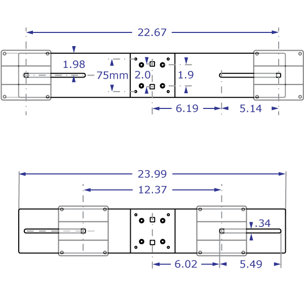 ADJ1523 dual monitor bracket specification drawing front view with measurements