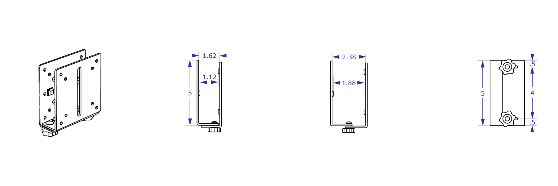 THINCPU regular thin client CPU holder specification drawings showing thinnest and widest settings and other dimensions