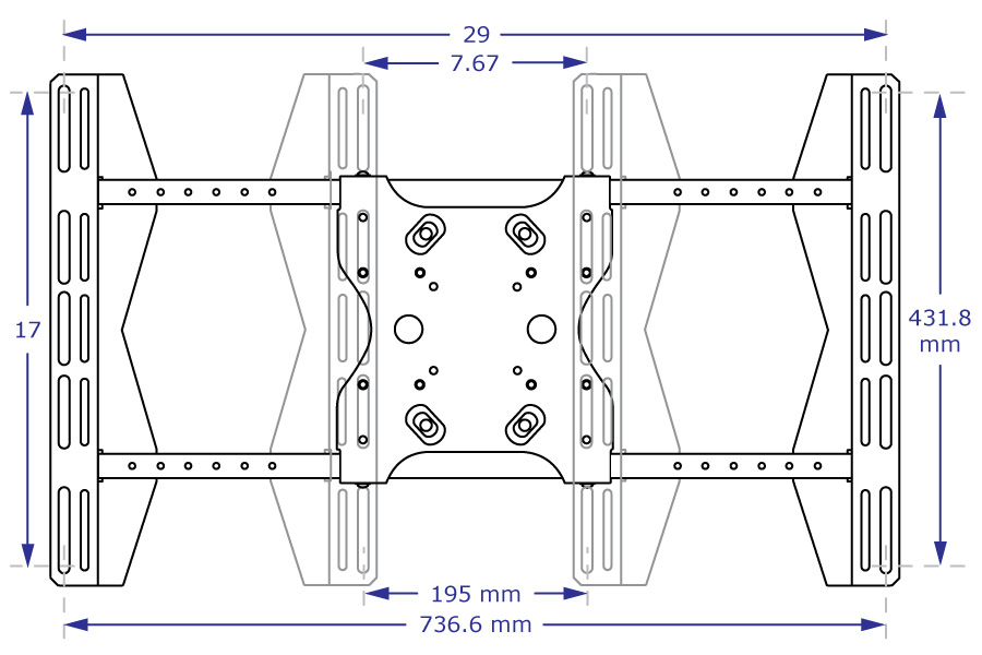 PM80 dual monitor pole mount specification drawings showing front views of MSU 400X600 VESA plate with measurements