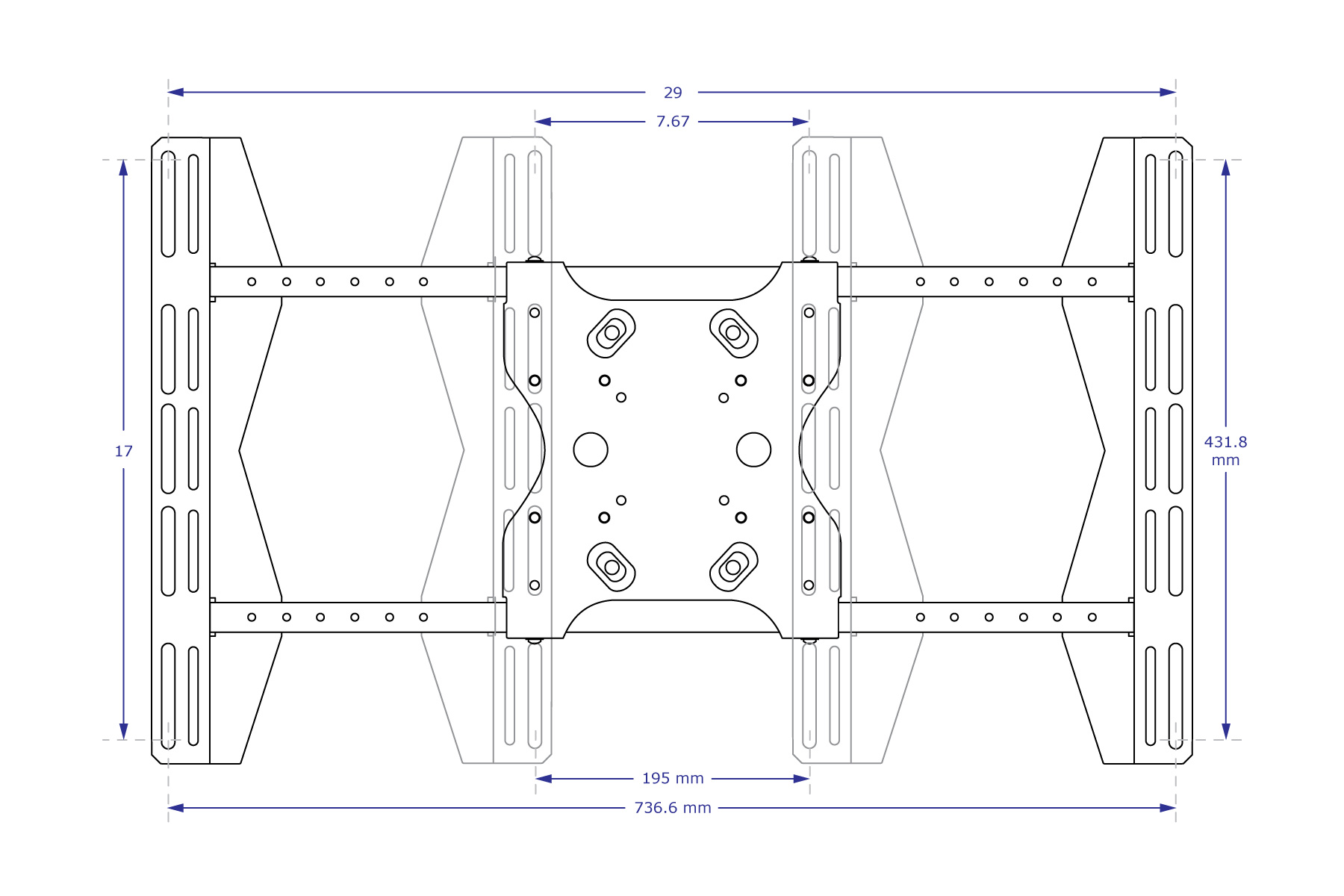 MSU4x6 large VESA adapter specification drawing front view shown at maximum and minimum widths with measurements