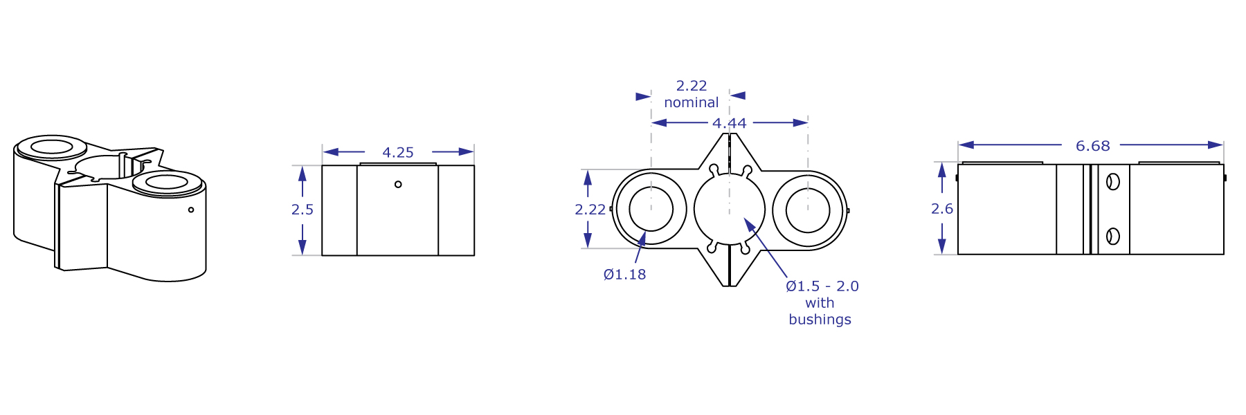 MKIT-J dual pole mount specification drawing shown from front, top and side with measurements