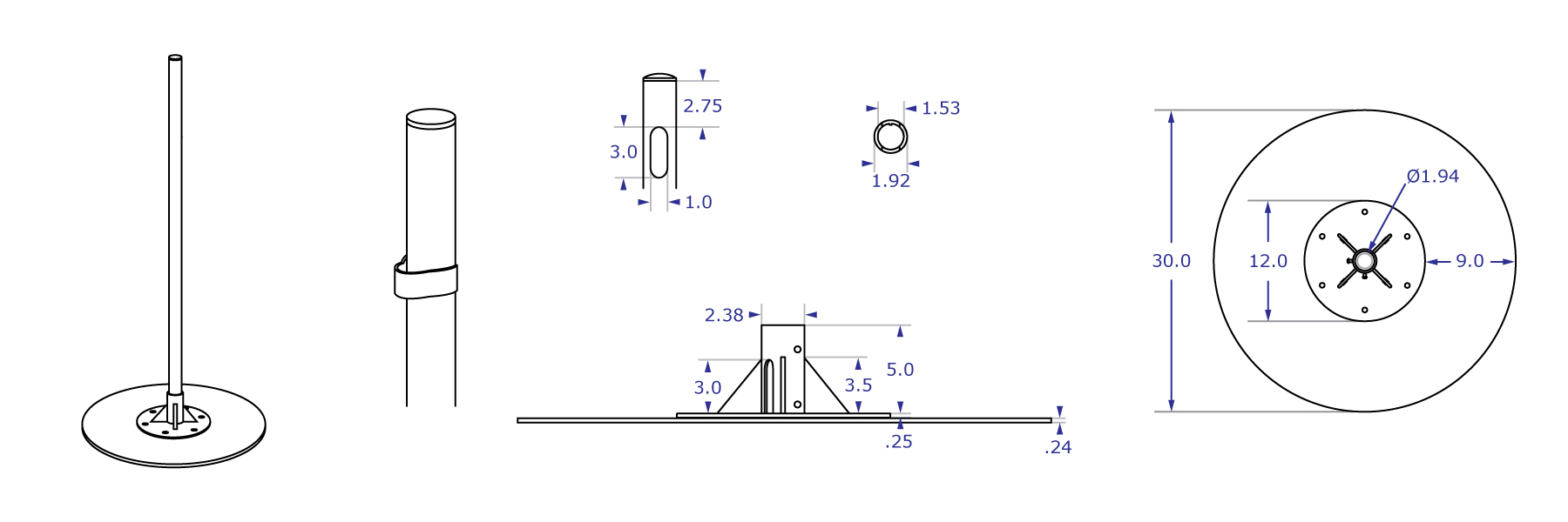 192CENTER pole floor stand specification drawings showing pole and base side and top views with measurements