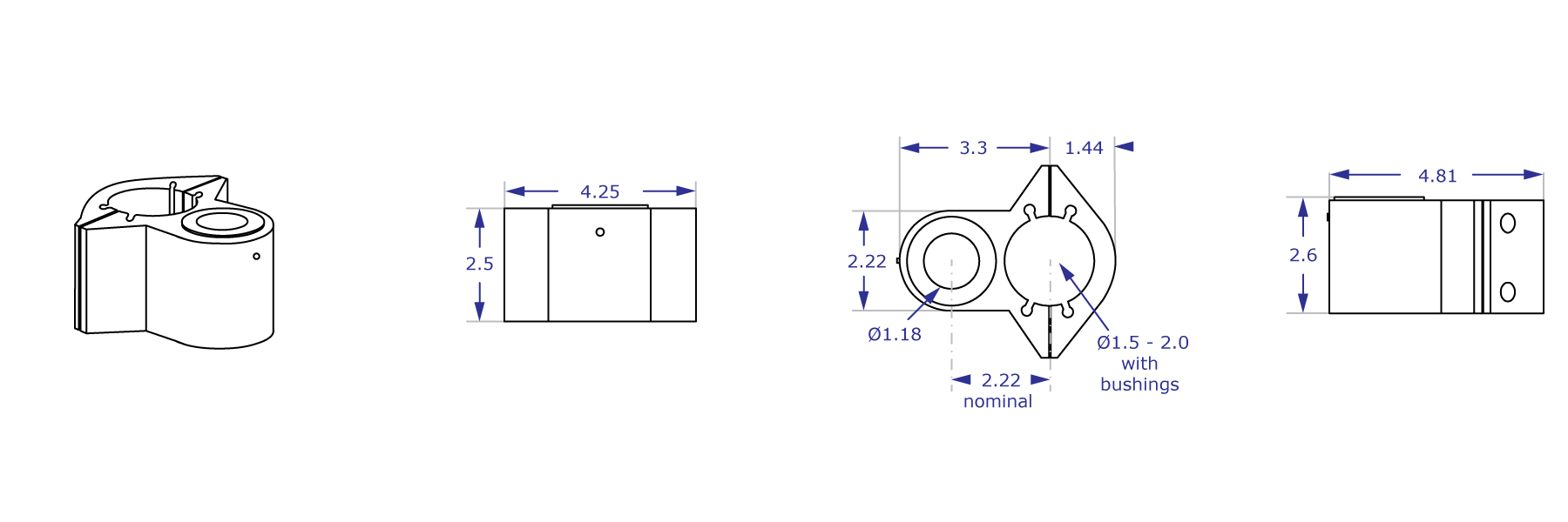 MKIT-E pole mount specification drawing shown from front, top and side with measurements