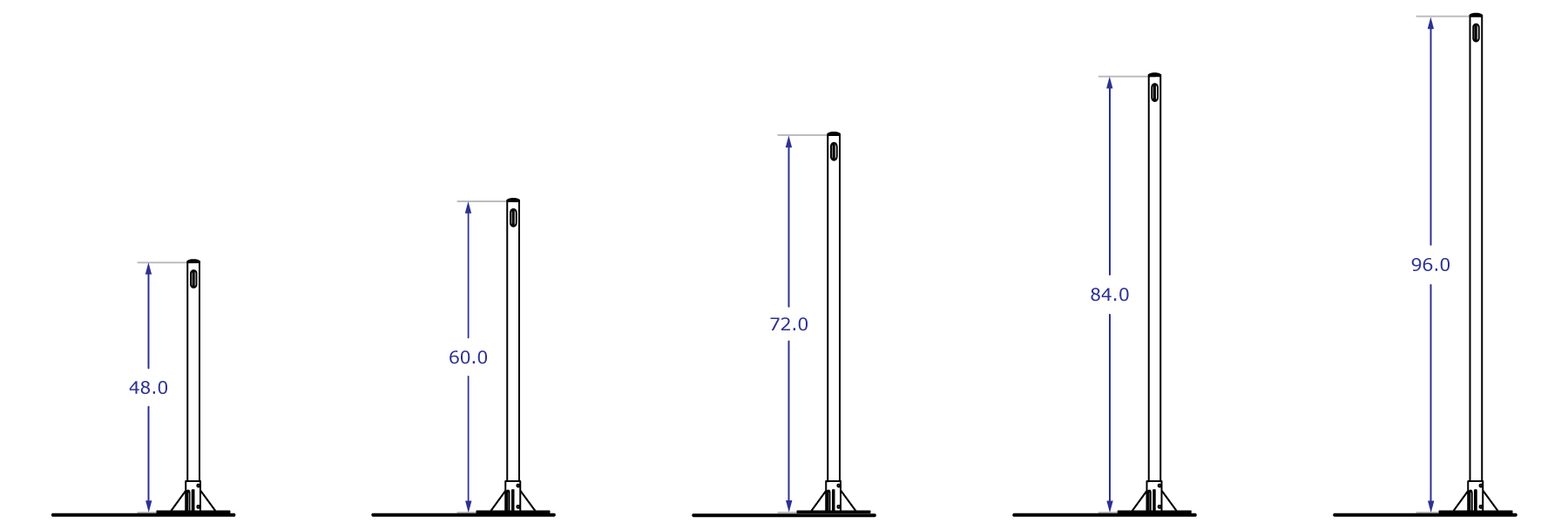 192OFFSET pole floor stand specification drawings showing five available pole lengths