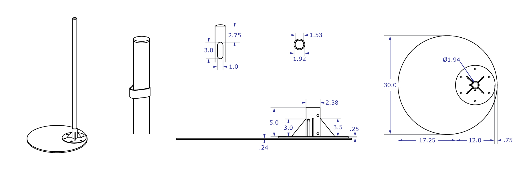 192OFFSET pole floor stand specification drawings showing pole and base side and top views with measurements