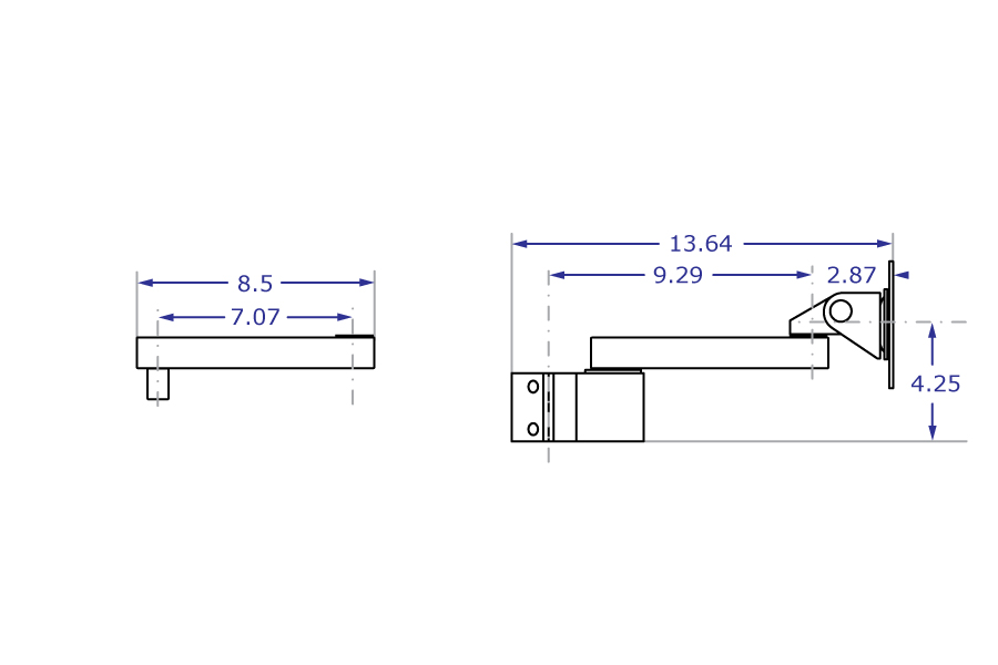 PM40 monitor pole mount with 7-inch extension specification drawing side view with measurements
