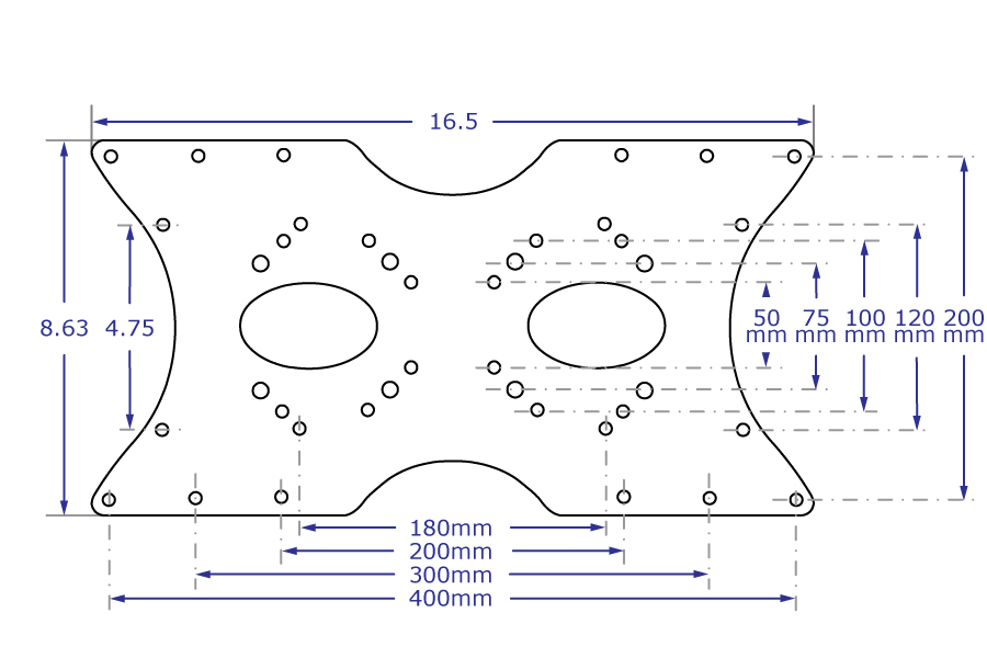 PM80 heavy-duty monitor pole mount with 200x400mm VESA specification drawings shown from front view with measurements