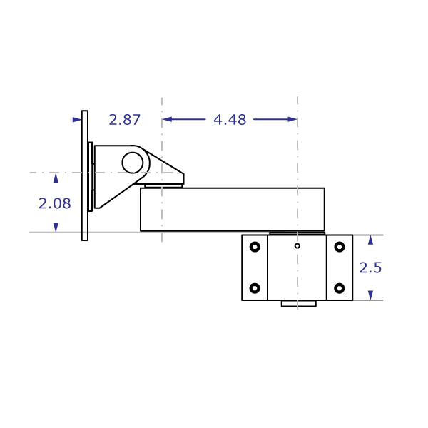 PM80 heavy-duty monitor pole mount specification drawings showing front, side and top views with measurements