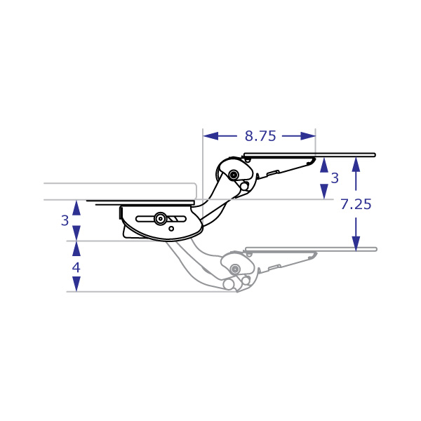 IS-LS-KIT ergonomic keyboard tray specification drawing showing a side view of tray height adjustment with measurements