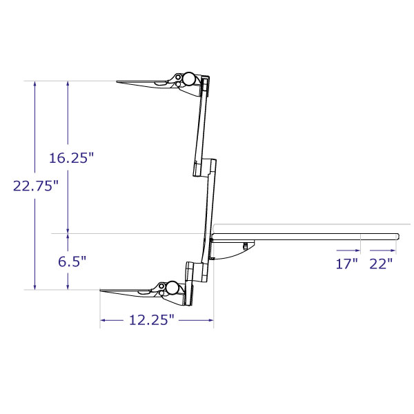 WR-S2S sit-stand keyboard system side view with vertical travel measurements