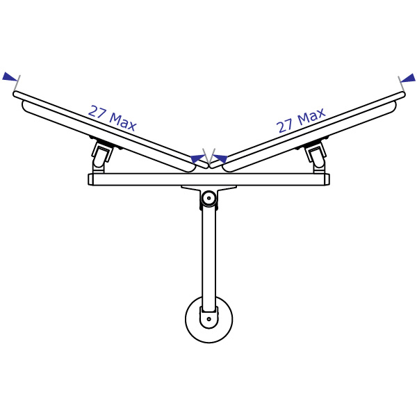 CMD2415 Specification drawing of top view of dual monitor beam used with this arm showing maximum side by side monitor size when beam is curved
