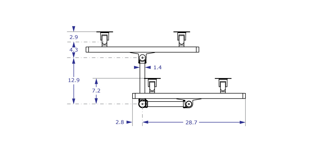CMD2415 Specification drawing of dual monitor arm from top view showing extended and collapsed dimensions