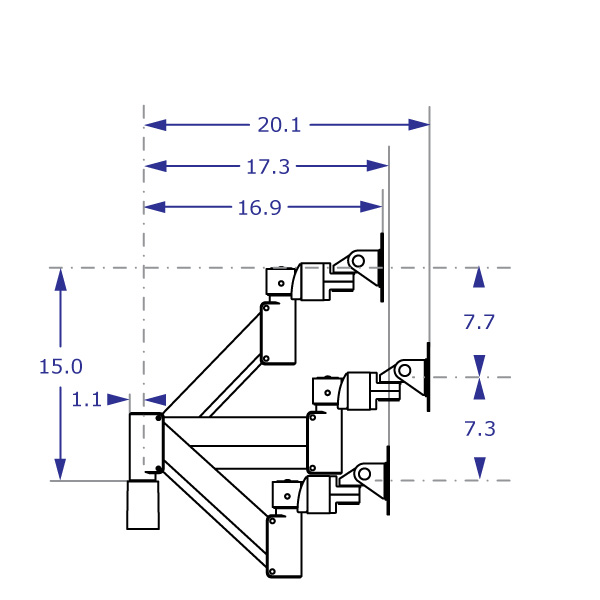 CMD2415 Specification drawing of dual monitor arm with beam in three positions on wall mount