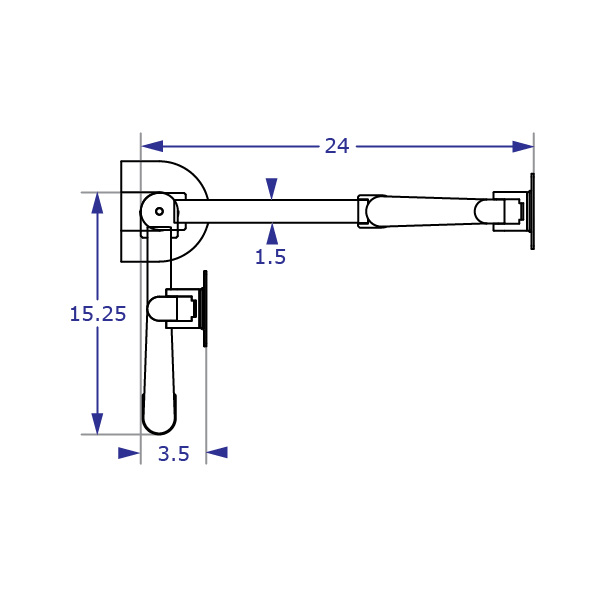 IMAC-SAA2415 Apple monitor arm specification drawing top view showing the arm in fully extended and folded positions with measurements