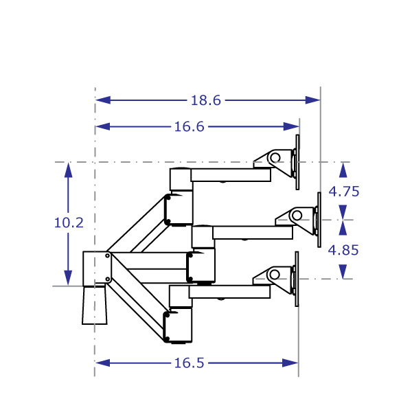 SAA2010KIT compact monitor arm specification drawing demonstrating the arm extended in high, mid and low positions with measurements