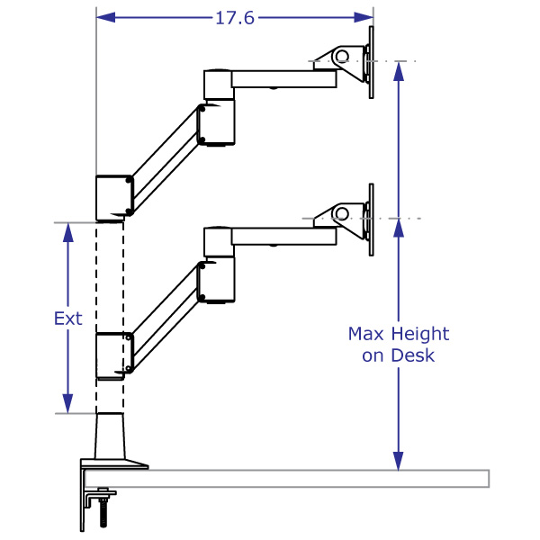 SAA2010KIT compact monitor arm specification drawing with arm desk-mounted shown with and without an extension in highest position