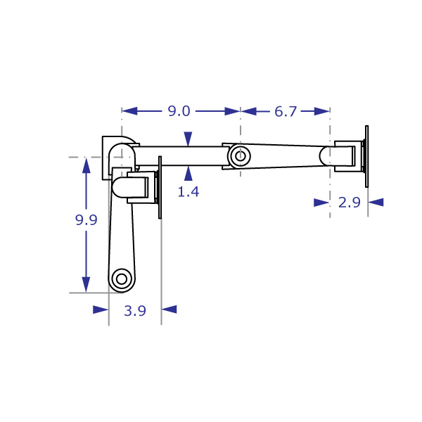 SAA2010KIT compact monitor arm specification drawing top view showing the arm in fully extended and folded positions with measurements