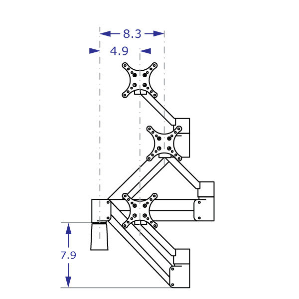 SAA2045KIT adjustable monitor arm specification drawing demonstrating the arm folded in high, mid and low positions with measurements