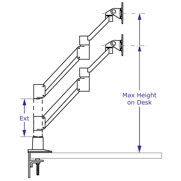 SAA2045KIT adjustable monitor arm specification drawing with arm desk-mounted shown with and without an extension in highest position
