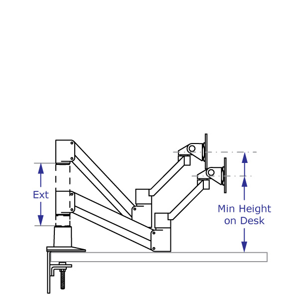 SAA2045KIT adjustable monitor arm specification drawing with arm desk-mounted shown with and without an extension in lowest position