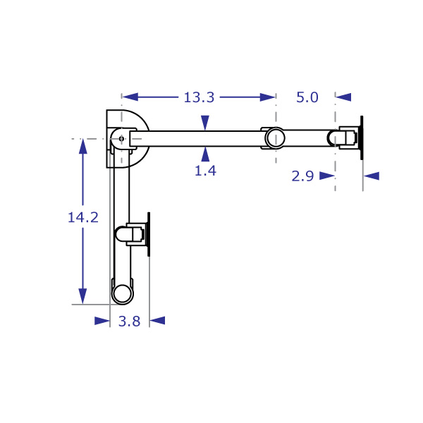 SAA2045KIT adjustable monitor arm specification drawing top view showing the arm in fully extended and folded positions with measurements