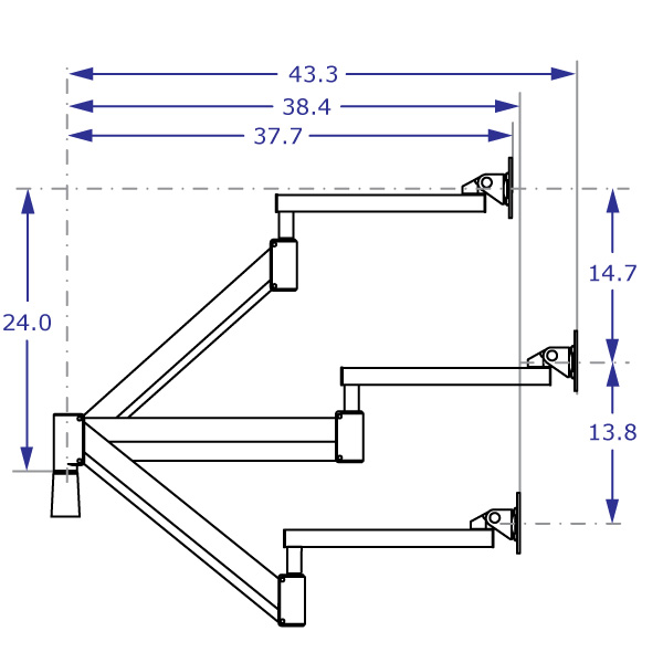 SAA4229 Extra long monitor arm specification drawing demonstrating the arm extended in high, mid and low positions with measurements