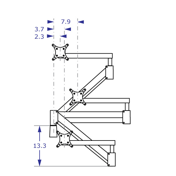 SAA4229 Extra long monitor arm specification drawing demonstrating the arm folded in high, mid and low positions with measurements