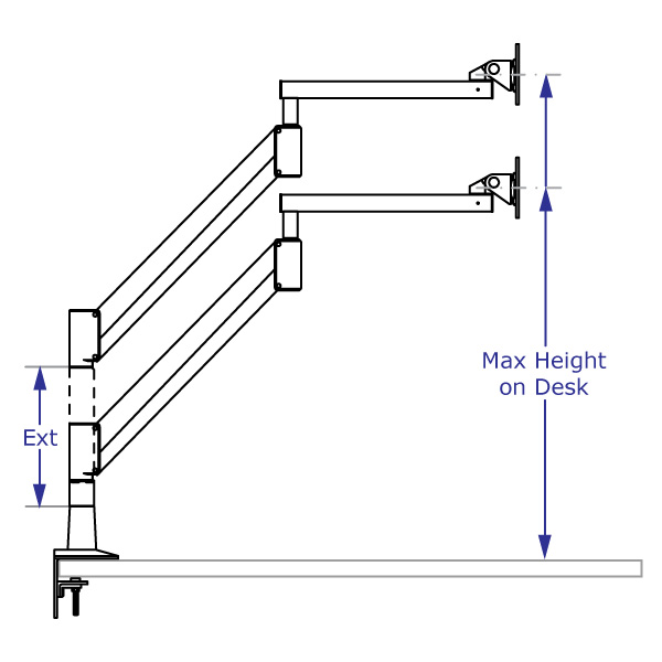 SAA4229 Extra long monitor arm specification drawing with arm desk-mounted shown with and without an extension in highest position