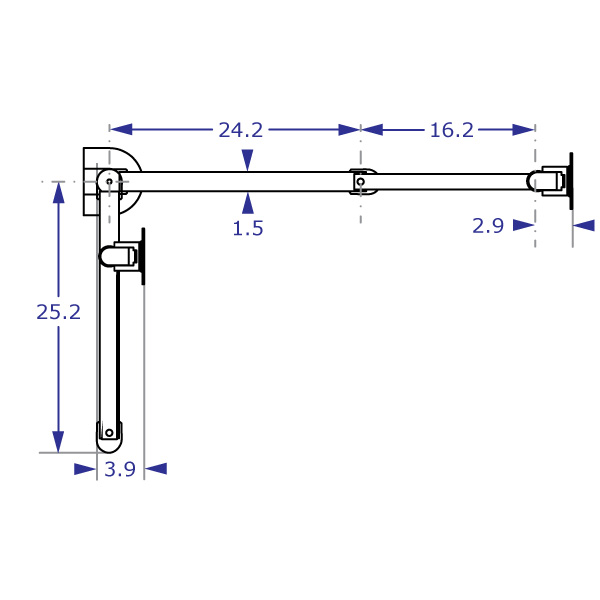 SAA4229 Extra long monitor arm specification drawing top view showing the arm in fully extended and folded positions with measurements