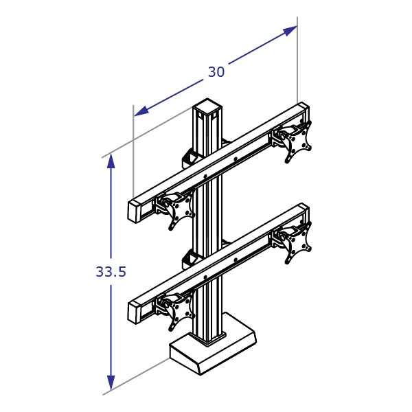 CONNECT-22 Specification drawing shows standard dual beams and four tilter mechanisms monitor stand perspective view