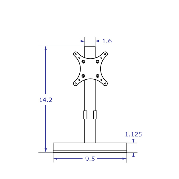 DS9109S monitor stand specification drawing front view with measurements
