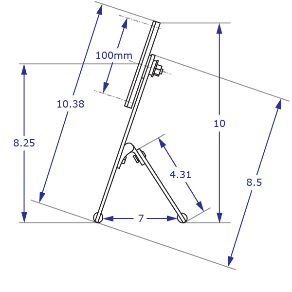 LIMBO low profile monitor stand specification drawing side view highest monitor position with stand at highest position with measurements