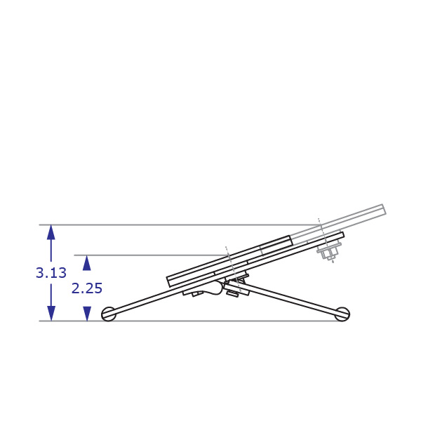 LIMBO low profile monitor stand specification drawing side view lowest and highest monitor positions with stand at lowest position with measurements