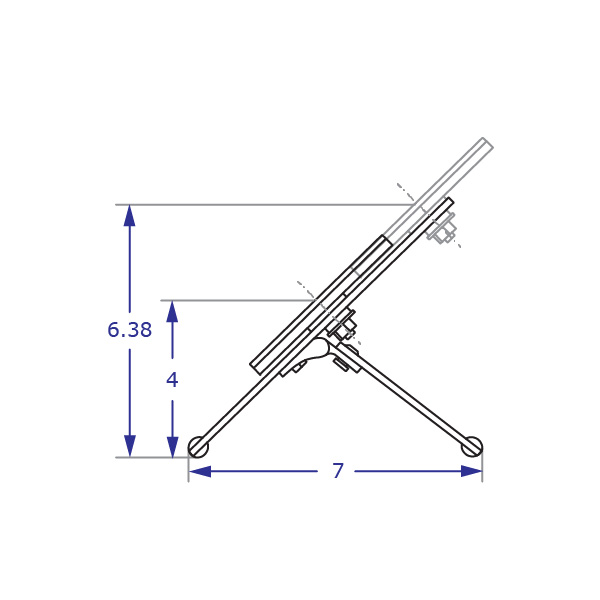 LIMBO low profile monitor stand specification drawing side view lowest and highest monitor positions with stand at mid position with measurements