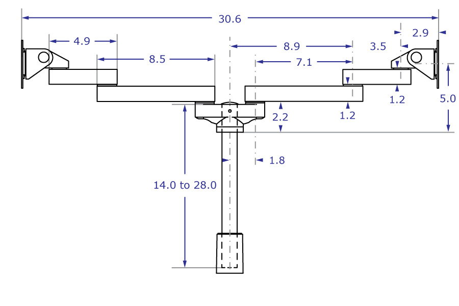 LS1512D dual monitor stand specification drawing front view with arms placed opposite to each other with measurements