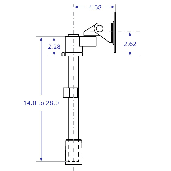 LS413S pole monitor mount specification drawing side view showing monitor titler head at highest and lowest position with measurements