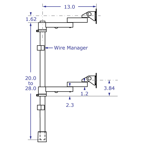 LS9137D monitor arm stand specification drawing side view with arms at highest position with measurements